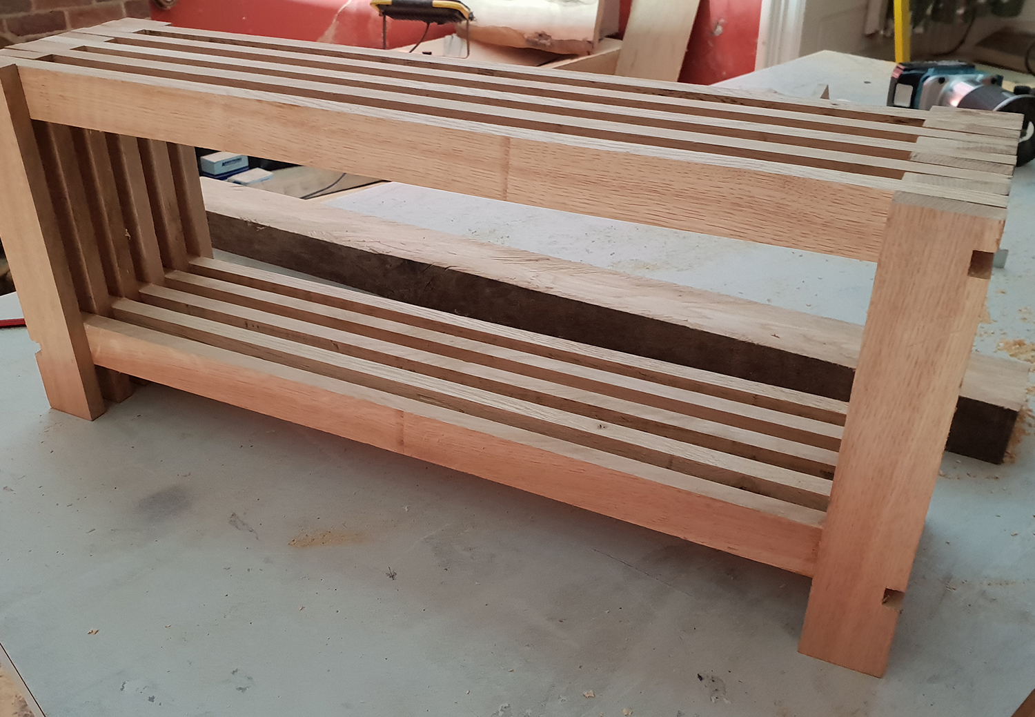 Shelf components glued and routed