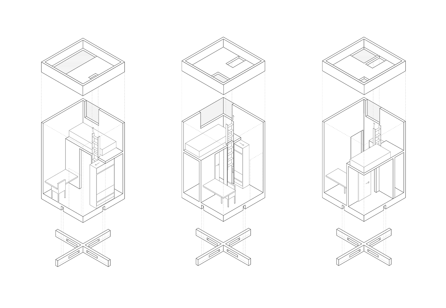 Isometric drawings showing 3 different bedroom configurations