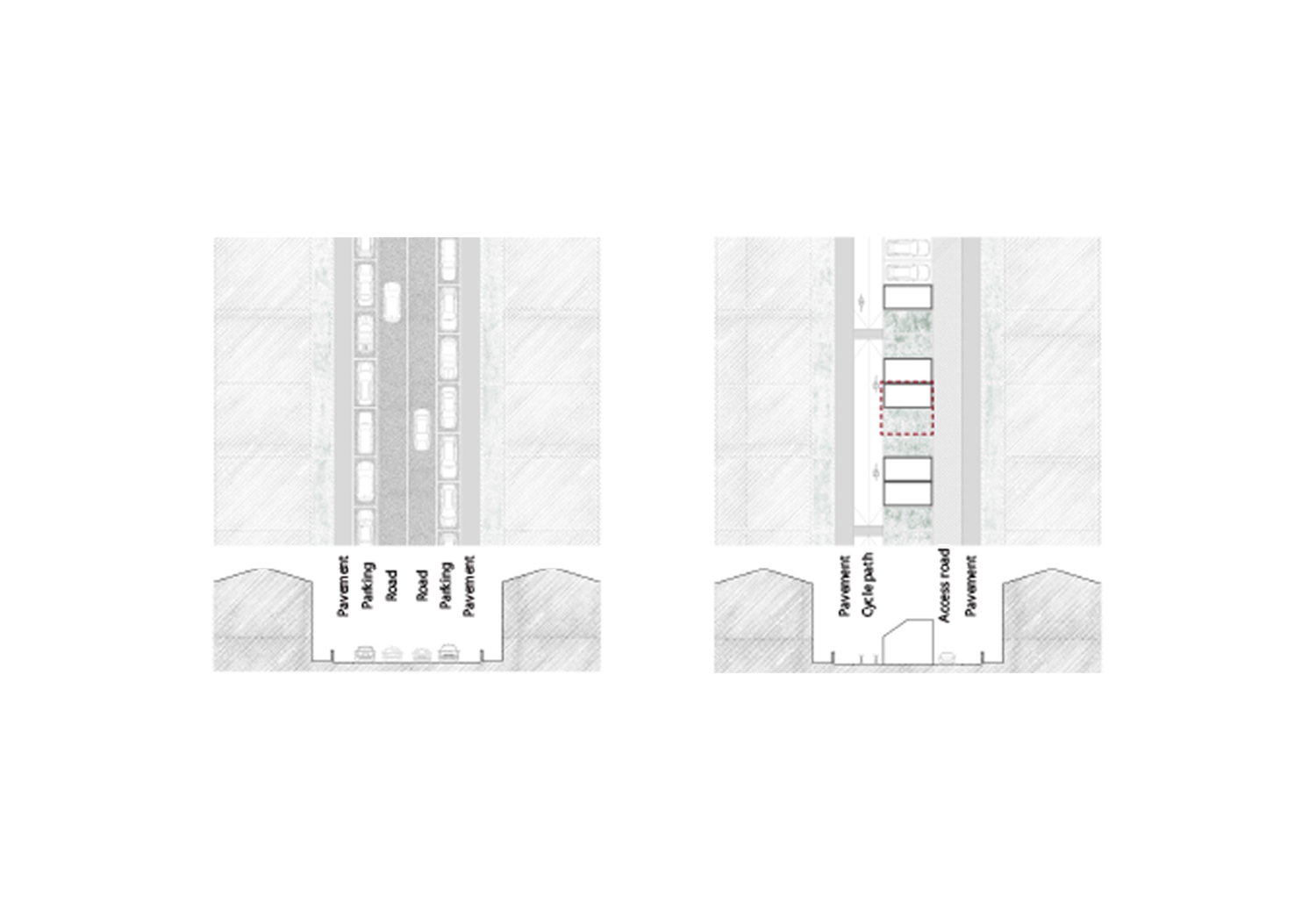 Diagrams showing existing and proposed urban conditions