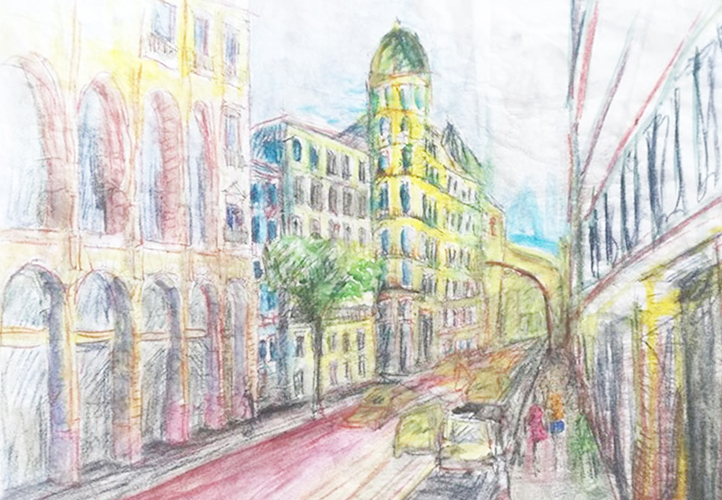 Mixed media drawing of Barcelona street